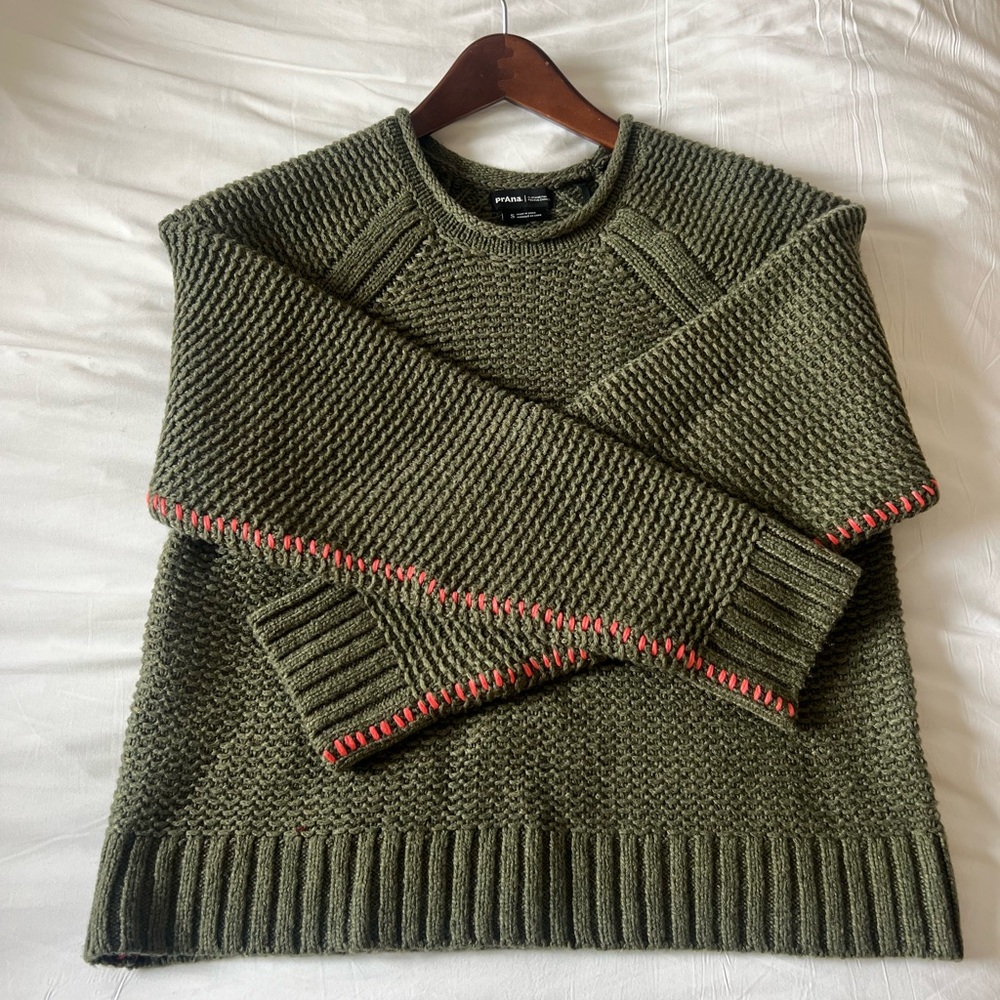 Prana Olive Green Knit Sweater with Red Accents